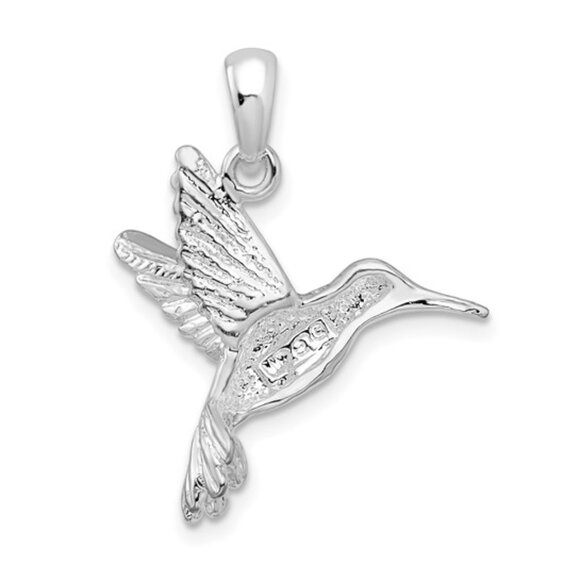 925 Sterling Silver RH Plated Hummingbird Charm Pendant Necklace. 2-D Textured - Picture 4 of 9